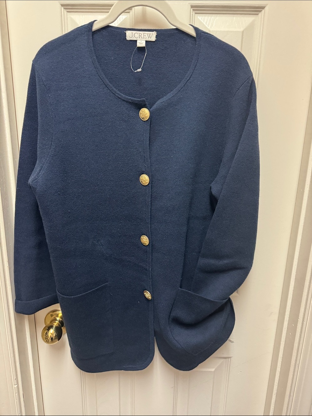 J. Crew Navy Crewneck Cardigan with Gold Buttons